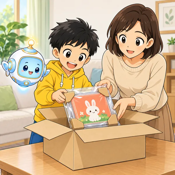 ハルがお母さんといっしょに、絵本をていねいに包んで箱に入れ、ほっとしている。