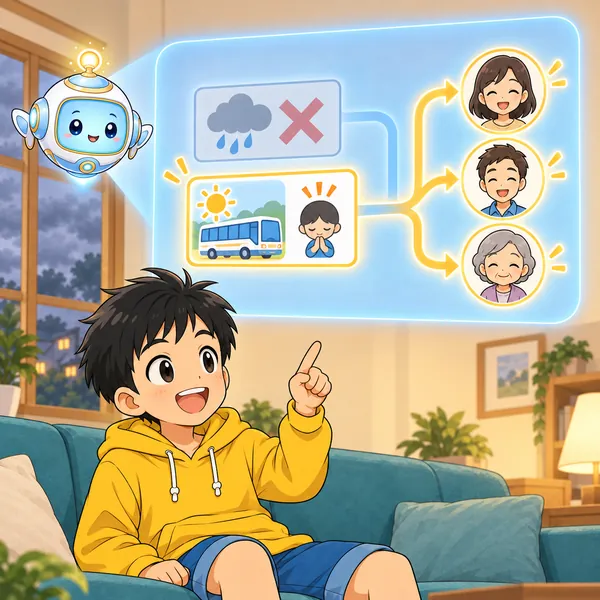 AIロボットが、最初と同じ道で訂正のメッセージが届く絵を窓に見せている。