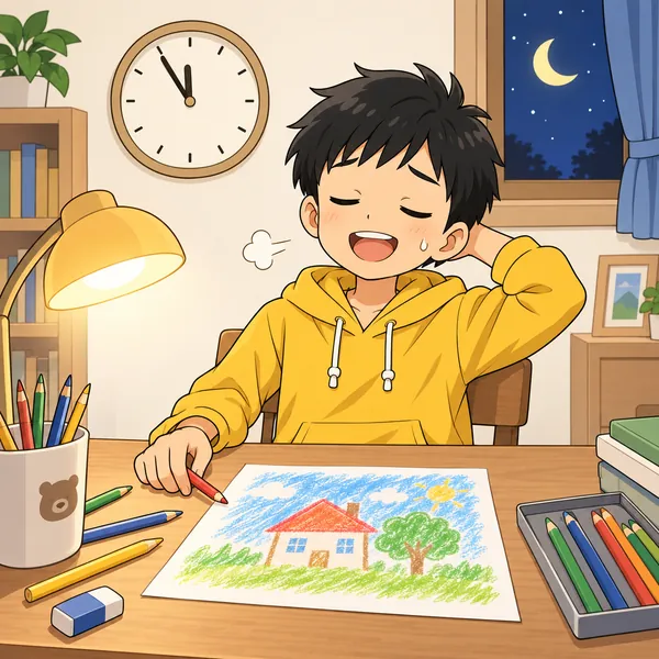 夜おそく。ハルが机で、提出日ぎりぎりに作品を作り終えたところ