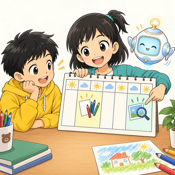 ミオが予定表を見せている。「作る日」と「見直す日」が別々に書いてある