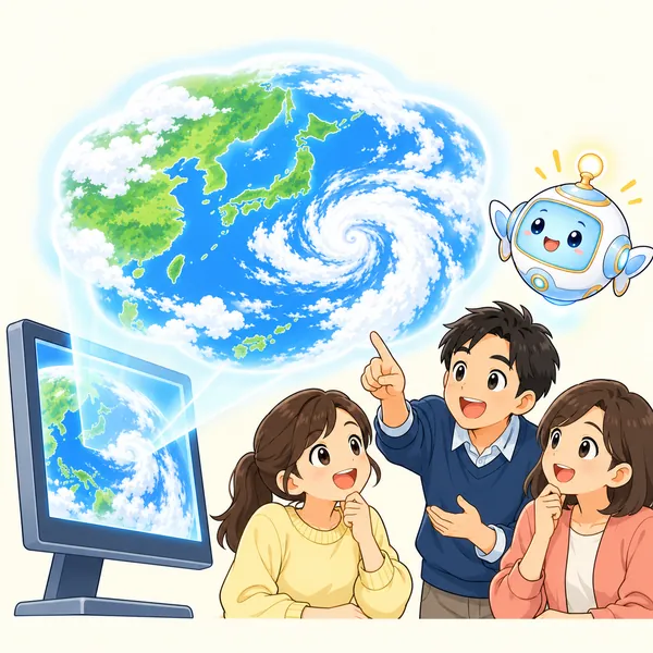 コンピューターが出した雲の地図を、予報をする大人たちがのぞきこみ、AIロボットがとなりで見ている。