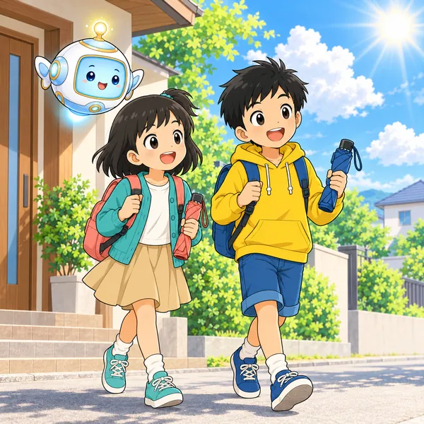晴れた朝、リュックとたたみがさを持ったハルとミオが、AIロボットといっしょに出かけている。