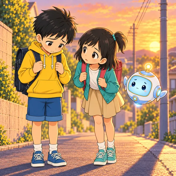 ハルが立ち止まり、さみしいなんて言えないとうつむいている。