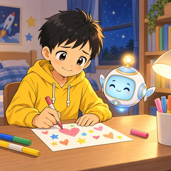 夜、ハルが机で、さみしいとありがとうの手紙を書いている。