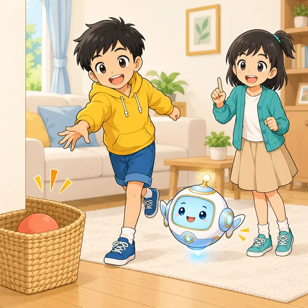 リビングでハルがボールを小さなかごに投げ入れ、ミオが指を立てて数えている。