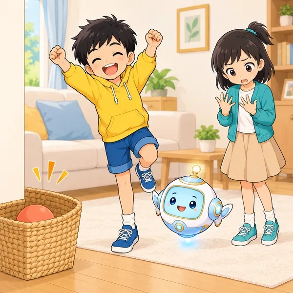 ボールが入ってよろこぶハルの横で、ミオが指を折りながら数が分からずこまっている。