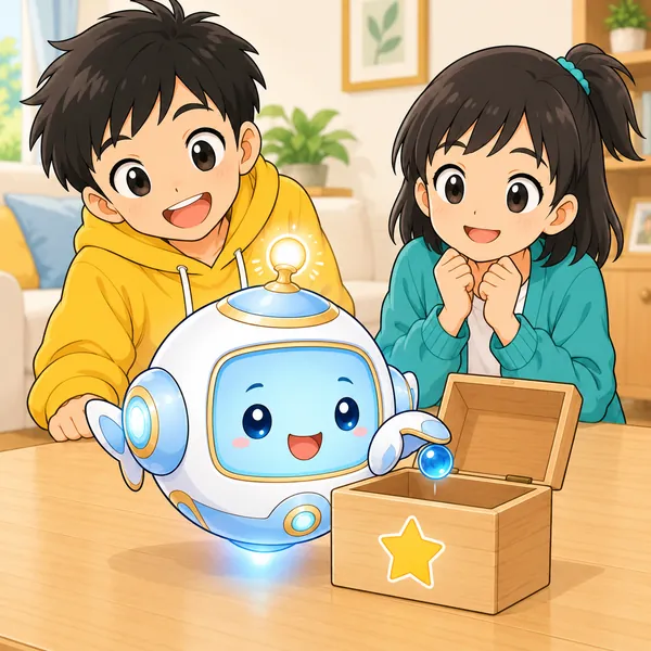 AIロボットが星マークのついた木の箱を持ち、中にビー玉をひとつ入れている。