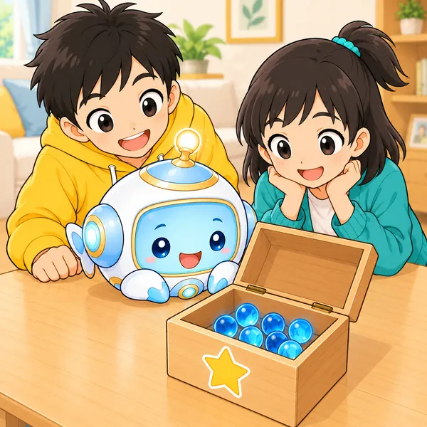 星マークの箱にたまったビー玉を、ハルとミオとAIロボットがのぞきこんで笑っている。