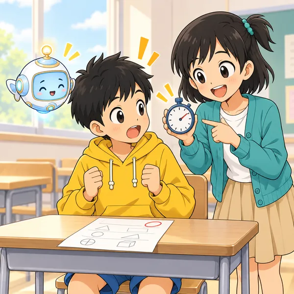 ミオが横から、前より速く解けていたことを話している