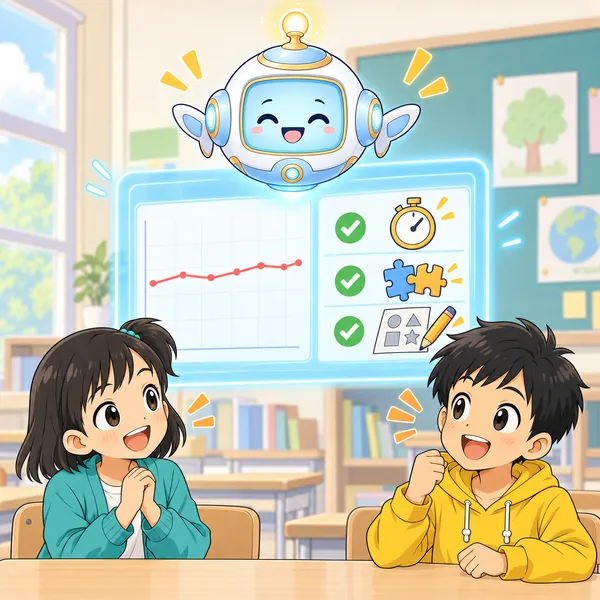 アイが、点数のグラフと「できるようになったこと」のリストを並べて見せている