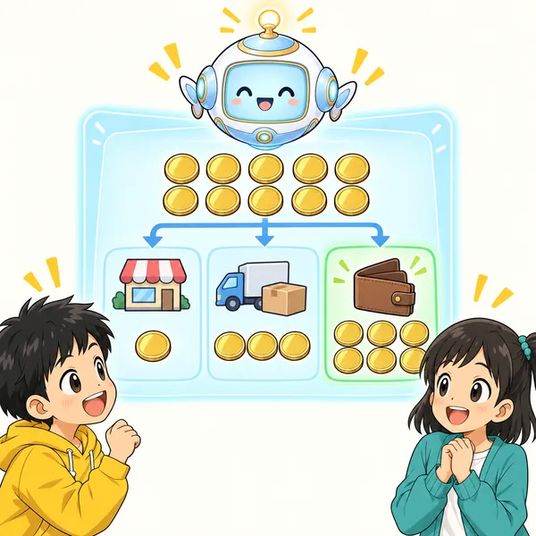 アイが、1000円から手数料100円と送料300円が引かれ、残りが600円になる計算を見せている