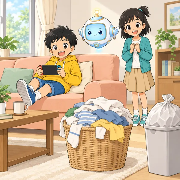 家の居間。洗濯物がたまり、ごみ袋がいっぱいになっている