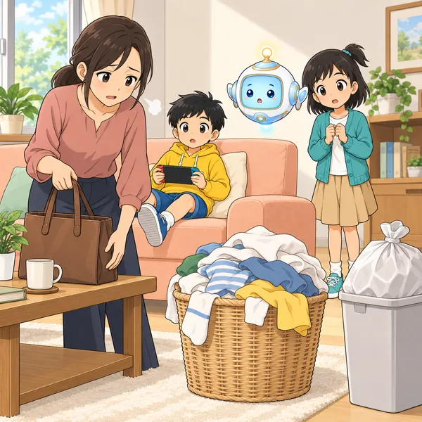 母が仕事から帰ってきて、荷物を置きながら家の中を見回している