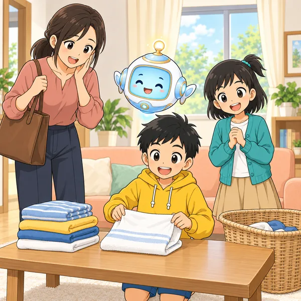 次の日。ハルが言われる前に洗濯物をたたんでいる