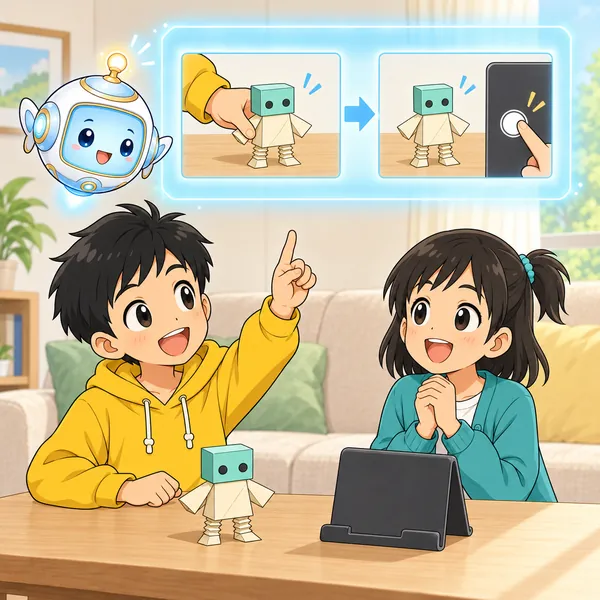 AIロボットが、手を画面の外へ引いてから撮る順番の絵を窓に見せている。