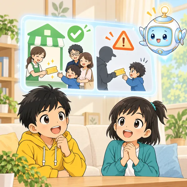 AIロボットが、公式のお店で家族とチケットを買う絵と、知らない人との取引に注意のマークがついた絵を窓に見せている。