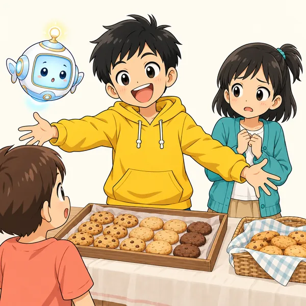 バザー。ハルが自分の作ったクッキーを、両手を広げて大げさに宣伝している