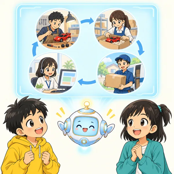 アイが、作る人・箱に入れる人・運ぶ人・受けつける人の流れを見せている