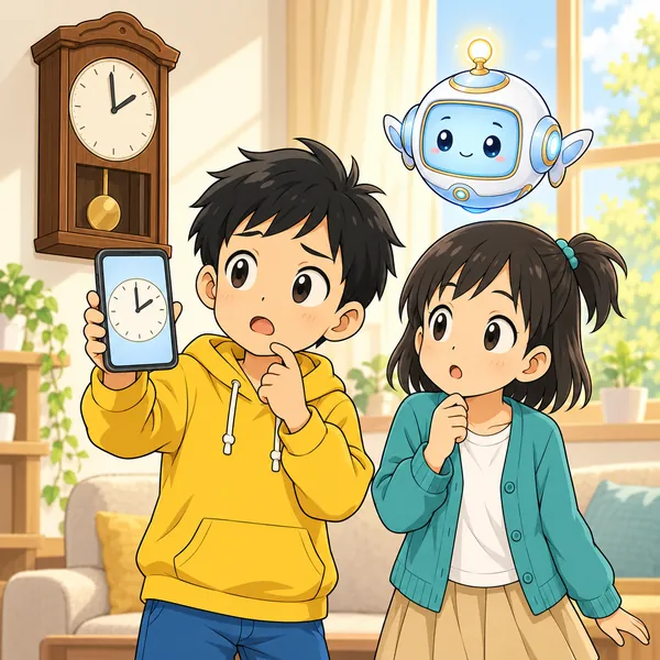 朝のリビングで、ハルが壁の時計とスマートフォンの時計を見比べている。