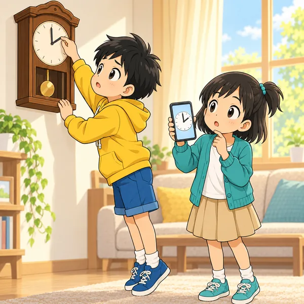 ハルが壁の時計を直そうと背のびし、ミオがスマホを見せてふしぎそうにしている。