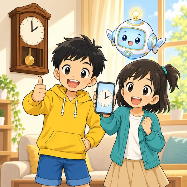 壁の時計がスマホとそろい、ハルとミオがうれしそうにしている。