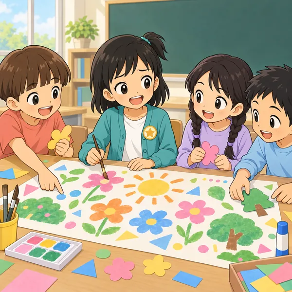 班で壁新聞を作るミオが、絵をかきながらも、班長として不安そうにしている。