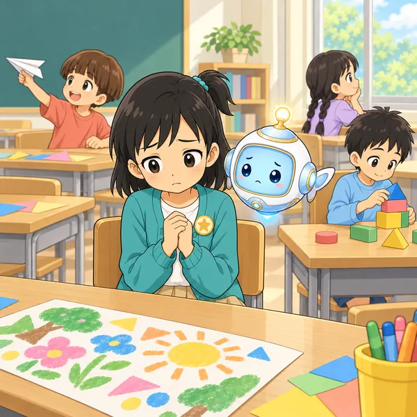 友だちがばらばらに動き、ミオが声をかけられずにしょんぼりしている。