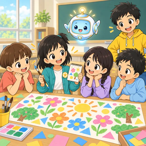ミオが班の友だちに、絵と取材をやりたいと明るく話している。