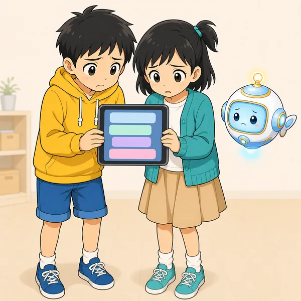 ハルとミオが並んでタブレットの画面をのぞき、グループチャットで誰かの悪口が流れているのを見て、こまった表情をしている