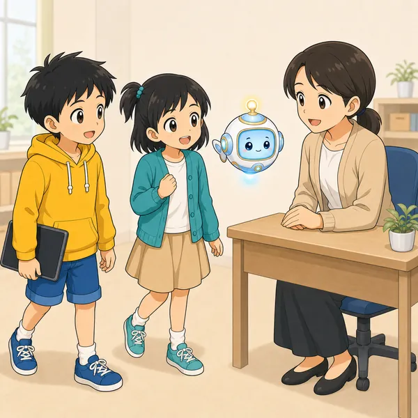 ハルとミオが、信頼できる大人(先生のような大人)のところへ相談しに行く、前向きな表情