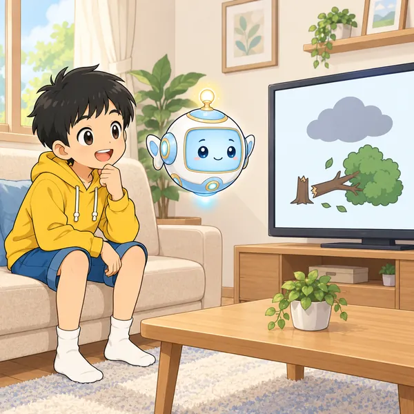 ハルが、木がたおれたニュースを見ている。
