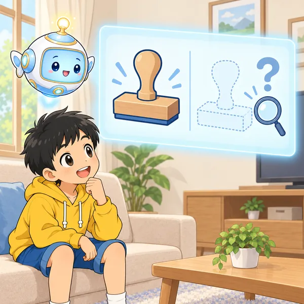 AIロボットが、はっきりしたスタンプと点線のスタンプの絵を見せている。