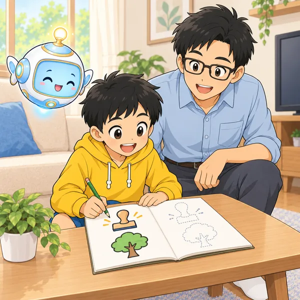ハルが、ことばの強さを絵でメモしている。