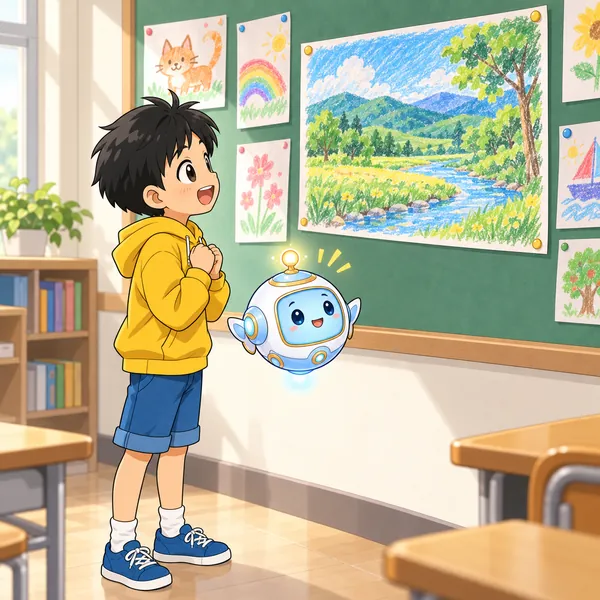 ハルが、けいじ板のじょうずな絵を見て感心している。