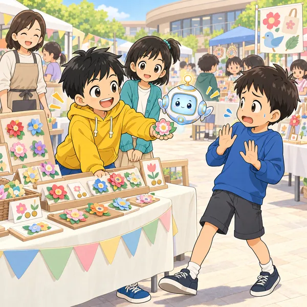 こどもマーケットで、ハルが友だちにブローチをぐいっとすすめ、友だちが後ろに下がっている。