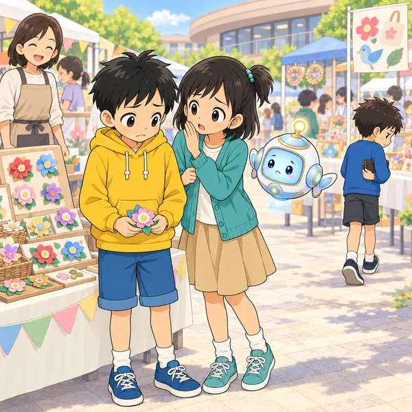 友だちがこまった顔で立ち去り、ミオがハルに小声で話している。