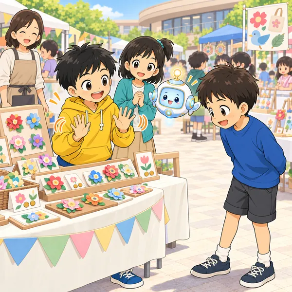 ハルが「買わなくていいよ」のしぐさで笑い、友だちもほっとして品物をながめている。