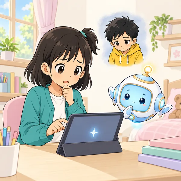 ミオが、落ちこんだ友だちのことをAIに相談しようとしている。