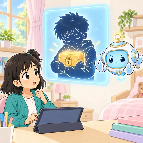 AIロボットが『まって』とポーズをし、友だちが鍵のかかった小箱をかかえる絵を見せている。