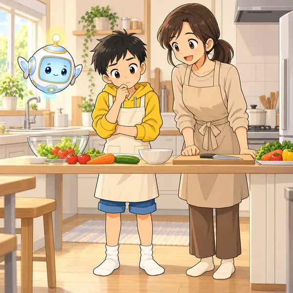家の台所で、ハルが母のそばで、料理のどこが好きか分からず手を止めている。