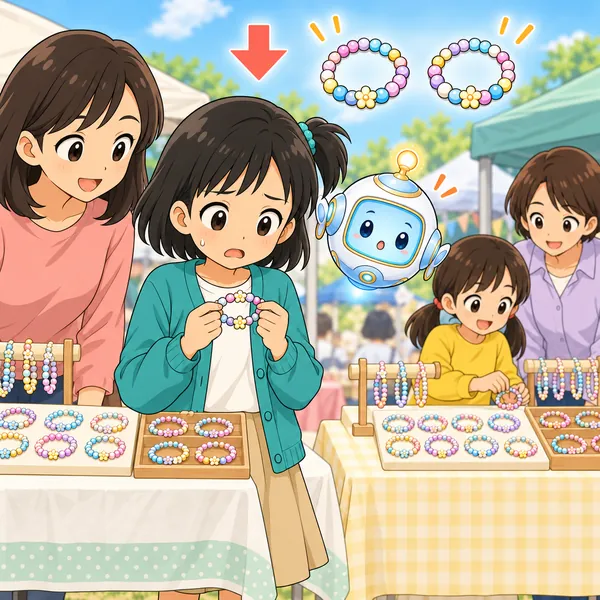 ミオが、値下げかまねかとあせって考えこんでいる。
