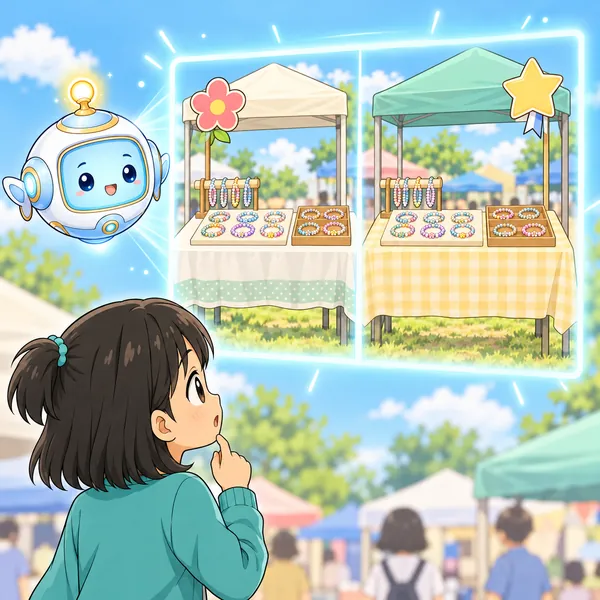 AIロボットが、ちがう旗を立てた二つのお店の絵を見せている。