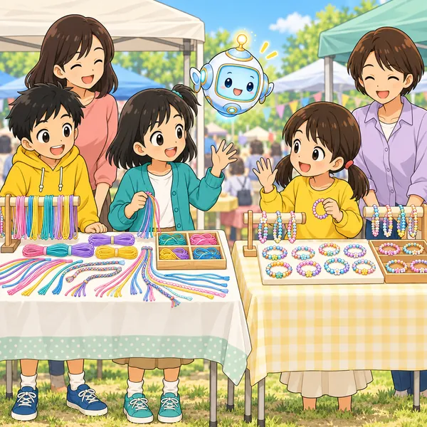 ミオが、となりのお店の子と笑顔であいさつしている。