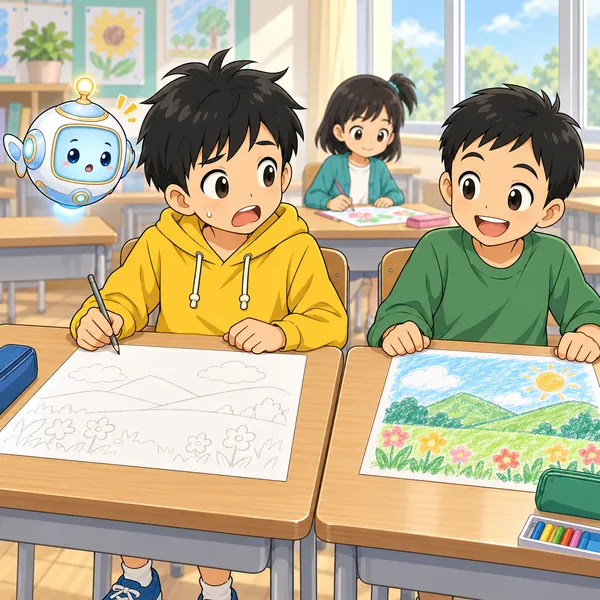 図工の時間、ハルの絵は下書きで、となりの子の絵には色がついている。