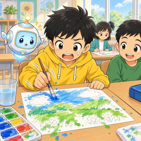 ハルがあわてて筆を動かし、色がはみ出している。