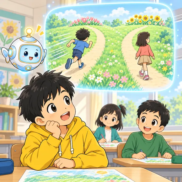 AIロボットが、速い子とゆっくりの子の別々の道の絵を見せている。