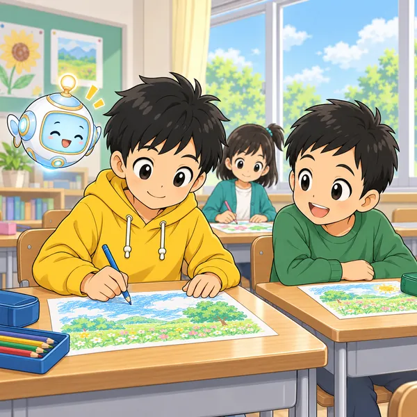 ハルがていねいに空をぬり、となりの子がにっこりしている。