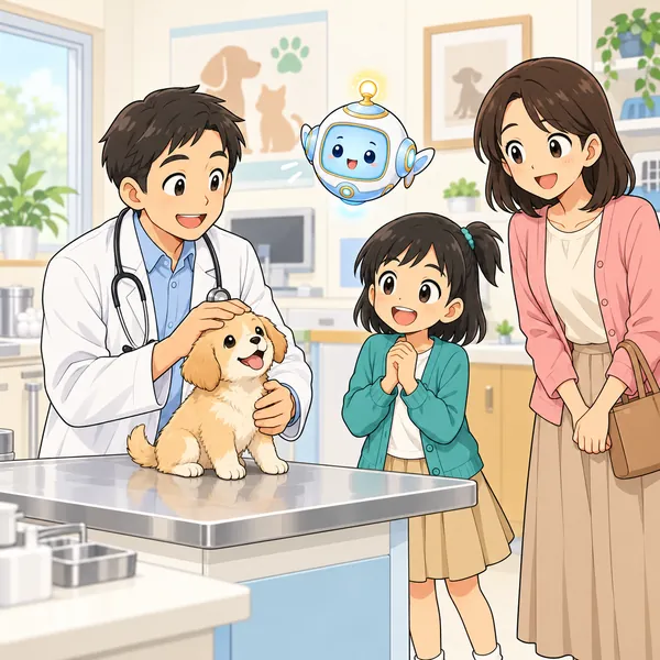 動物病院の見学で、ミオが母といっしょに、子犬をなでる先生をあこがれの目で見ている。