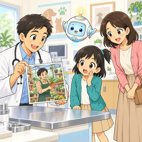 先生が、昔ちがう仕事をしていたころの写真をミオに見せている。