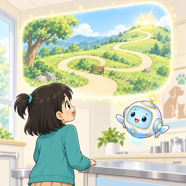AIロボットが、曲がったりもどったりしながら遠くまで続く道の絵を見せている。